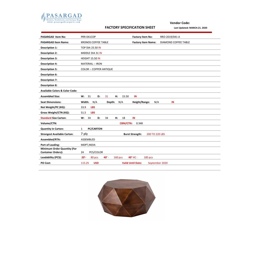 Kronos Iron Coffee Table, Copper